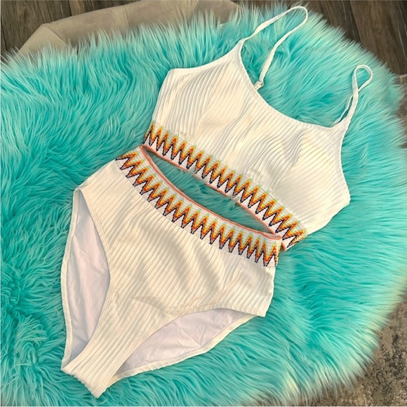 Other - High Waist Bikini Swimsuit White With Colorful Ribbon Band Accent Sz MED NEW!